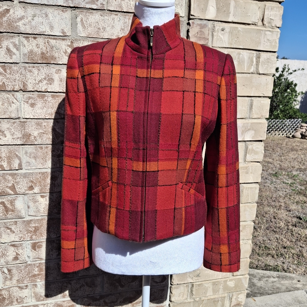 Vintage Carlisle Plaid Red Orange Cropped Long Sleeve Wool Jacket Women Size 2 - Picture 9 of 16
